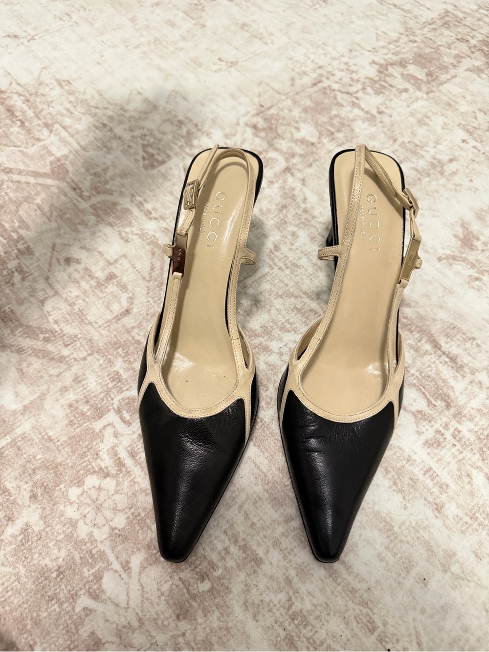 Gucci Black and Beige Pointed Toe Slingback Pumps